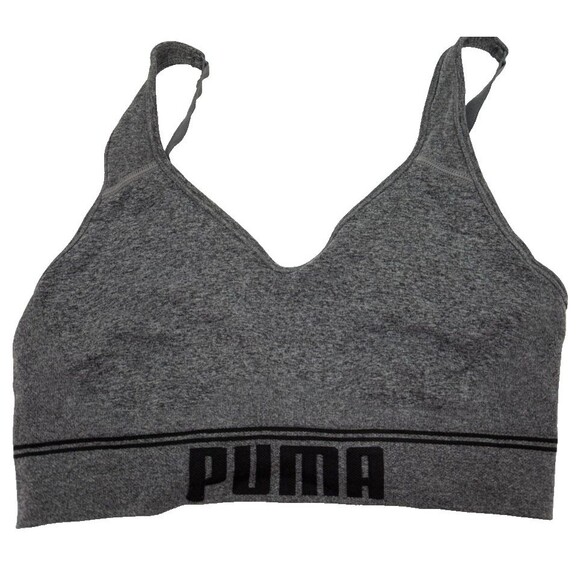Puma Sports Bra Medium Heather Gray Logo Pull On Wireless Seamless Adjustable - Picture 1 of 5